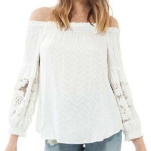NWT Hale Bob Ivory Off Shoulder Chevron Lace Sleeve Tunic Top, XS